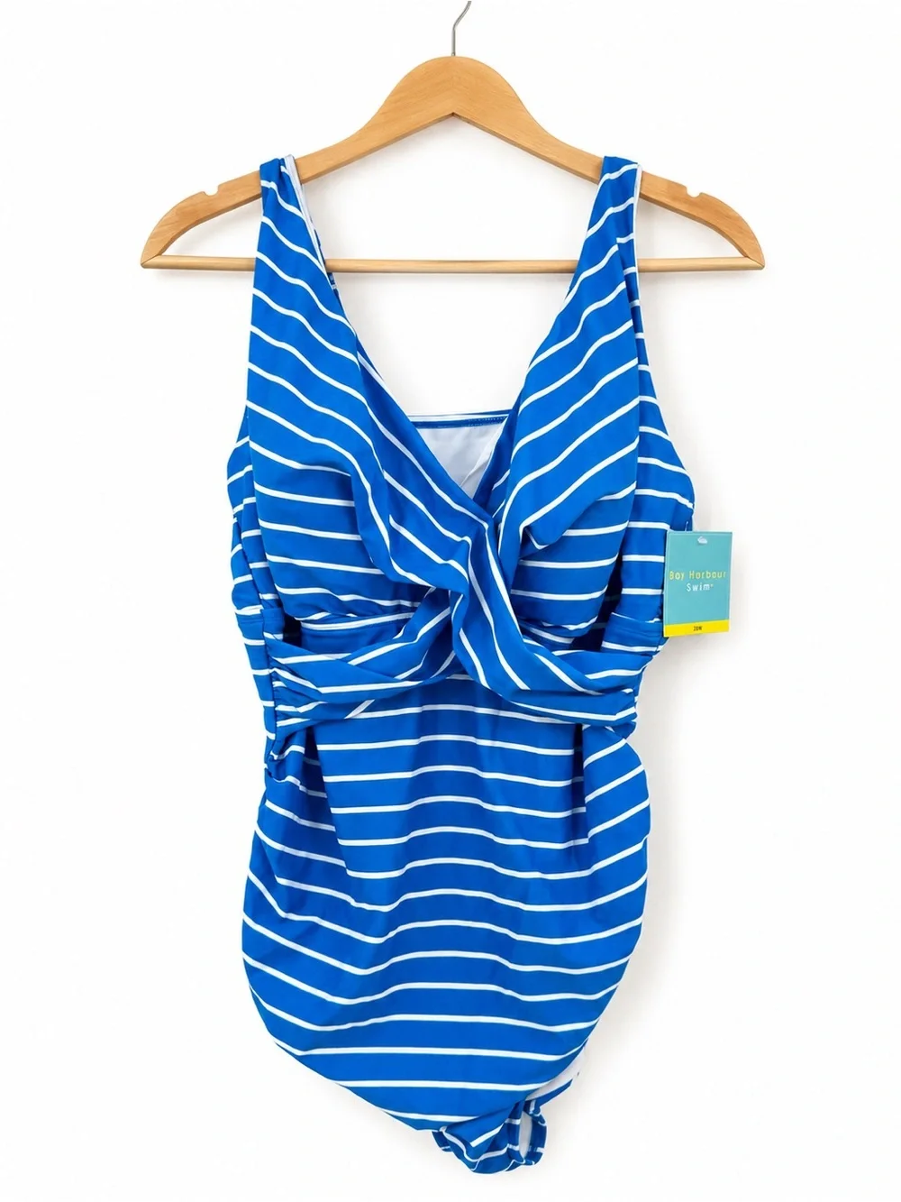 Bal Harbour Swim Blue White Striped Surplice One-Piece Swimsuit Women’s 24W NWT